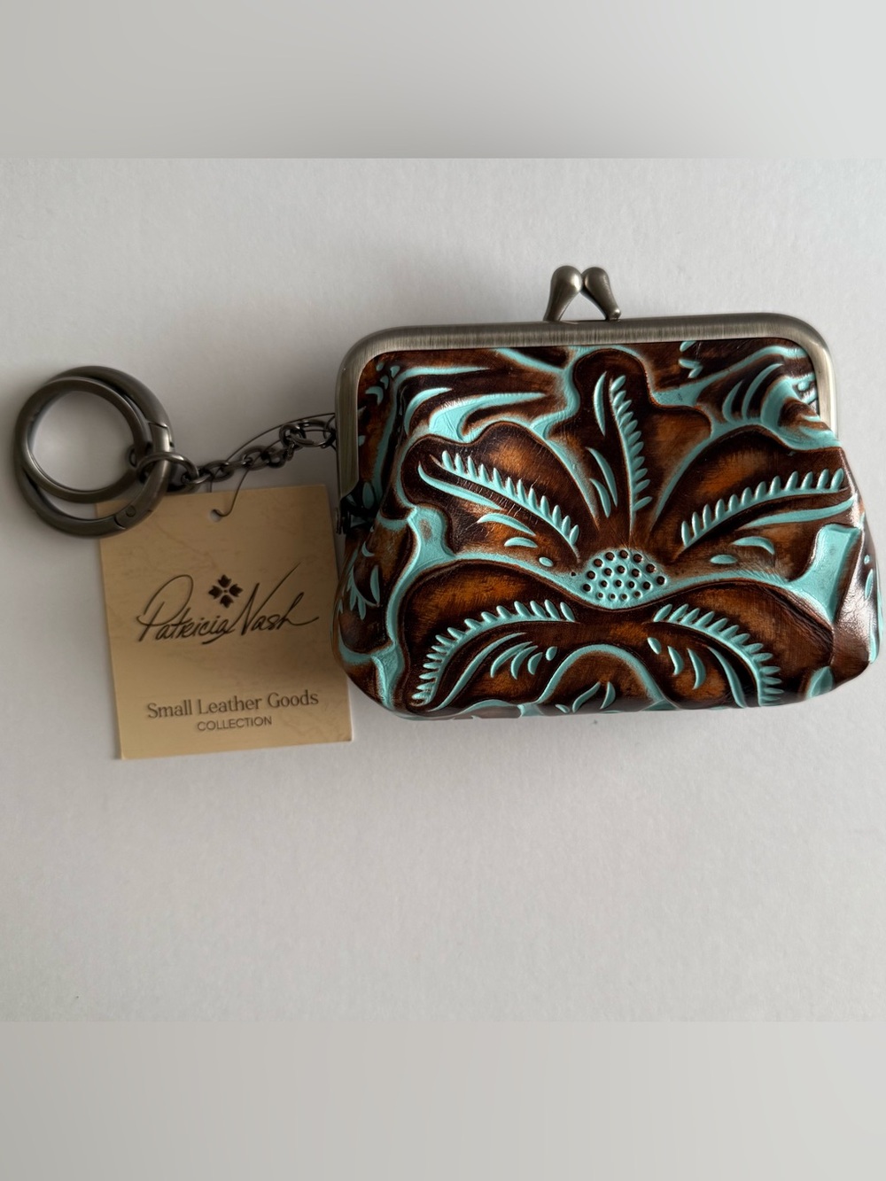 Patricia Nash Turquoise & Brown Leather Keychain Coin Purse